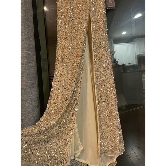Mac Duggal 1068 Sequins V-Neck Side Slit Gown Evening Dress 0 XS Gold Sleeveless - Picture 6 of 11